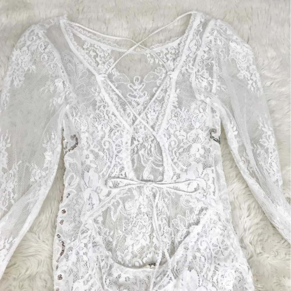 FREE PEOPLE Sheer White Lace Sequin Beaded Bodysuit XS Embroidered Boho Festival